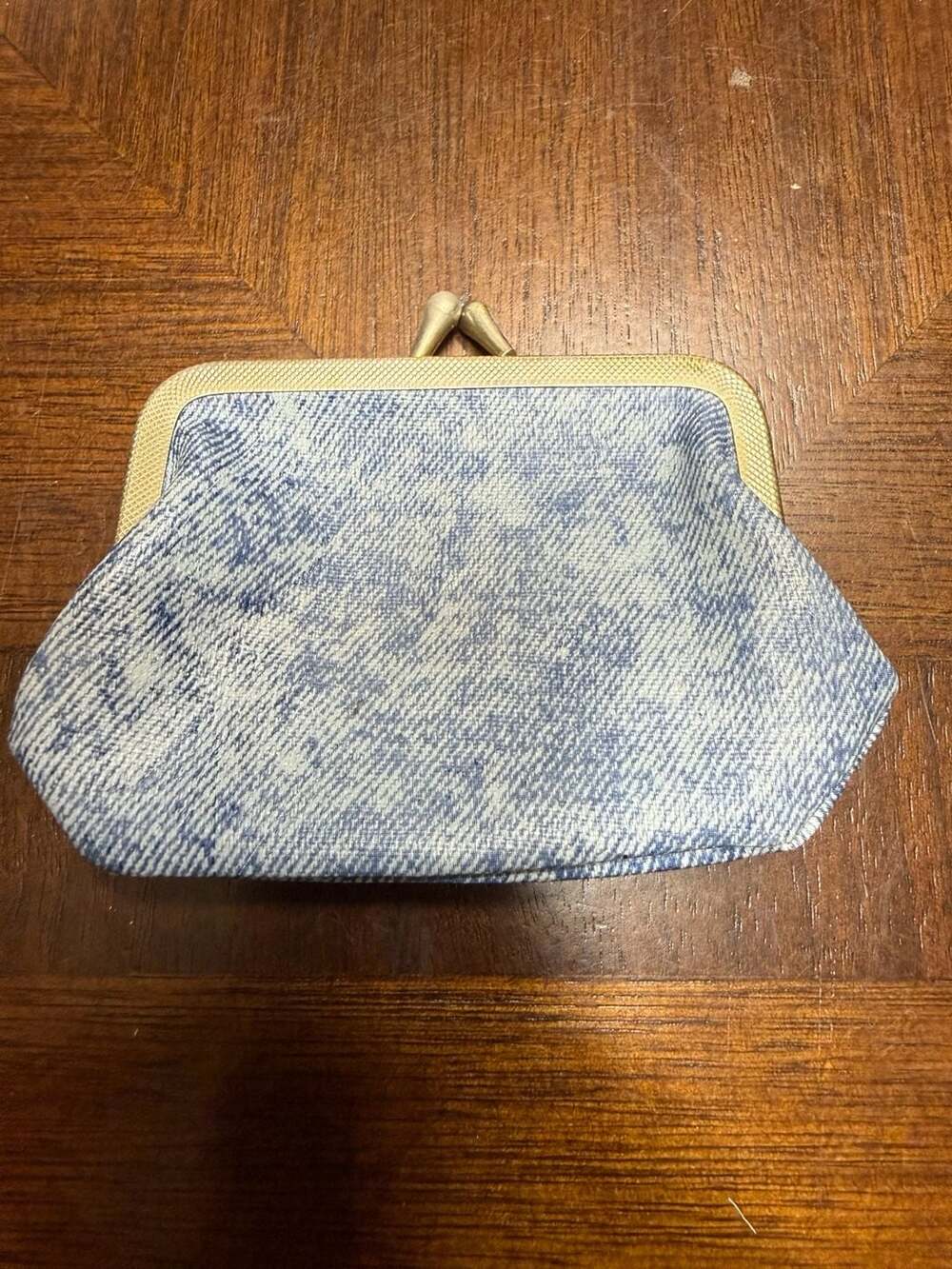Vintage Denim Kiss Lock Coin Purse Blue Tweed Print Metal Frame